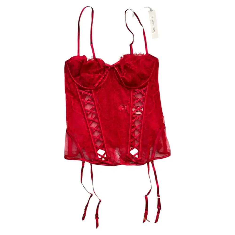 Victoria's Secret Red Lightly Lined Lace Corset Top, M